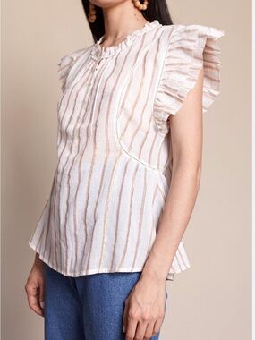 Apiece Apart Anthropologie Metallic Stripe Ruffle Blouse Size 8 *NWOT*💫